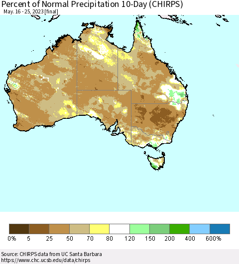 Australia Percent of Normal Precipitation 10-Day (CHIRPS) Thematic Map For 5/16/2023 - 5/25/2023