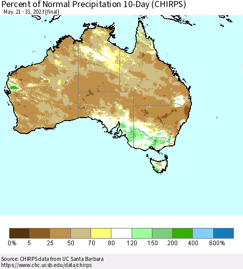Australia Percent of Normal Precipitation 10-Day (CHIRPS) Thematic Map For 5/21/2023 - 5/31/2023