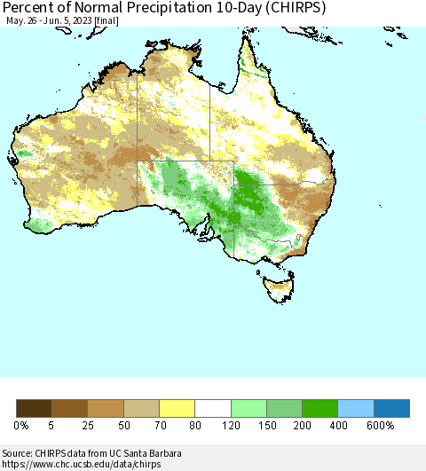 Australia Percent of Normal Precipitation 10-Day (CHIRPS) Thematic Map For 5/26/2023 - 6/5/2023