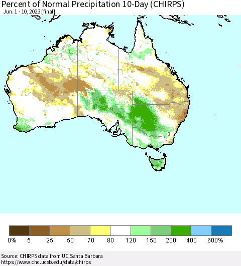 Australia Percent of Normal Precipitation 10-Day (CHIRPS) Thematic Map For 6/1/2023 - 6/10/2023