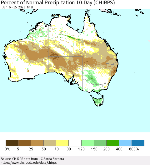 Australia Percent of Normal Precipitation 10-Day (CHIRPS) Thematic Map For 6/6/2023 - 6/15/2023