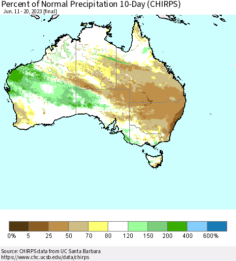 Australia Percent of Normal Precipitation 10-Day (CHIRPS) Thematic Map For 6/11/2023 - 6/20/2023
