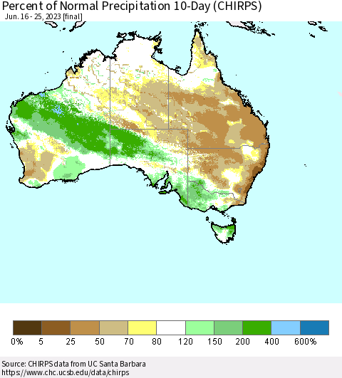 Australia Percent of Normal Precipitation 10-Day (CHIRPS) Thematic Map For 6/16/2023 - 6/25/2023