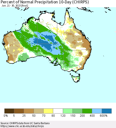 Australia Percent of Normal Precipitation 10-Day (CHIRPS) Thematic Map For 6/21/2023 - 6/30/2023
