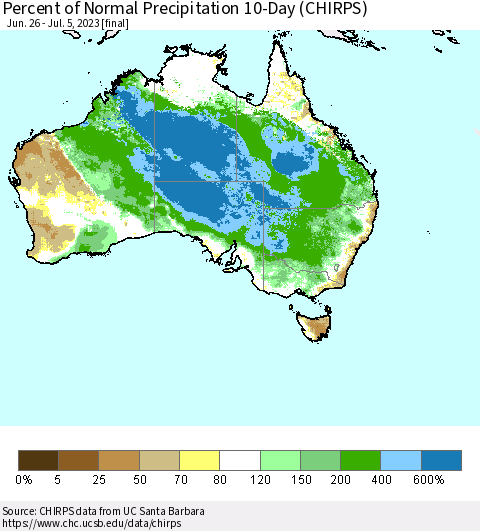 Australia Percent of Normal Precipitation 10-Day (CHIRPS) Thematic Map For 6/26/2023 - 7/5/2023