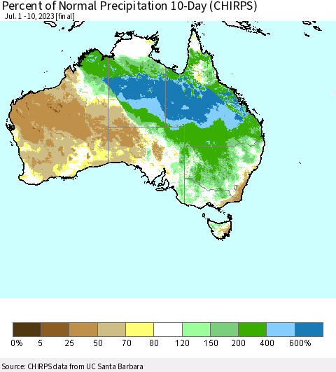 Australia Percent of Normal Precipitation 10-Day (CHIRPS) Thematic Map For 7/1/2023 - 7/10/2023