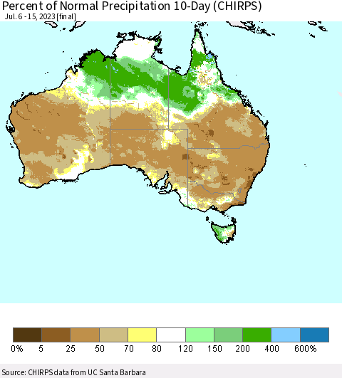 Australia Percent of Normal Precipitation 10-Day (CHIRPS) Thematic Map For 7/6/2023 - 7/15/2023