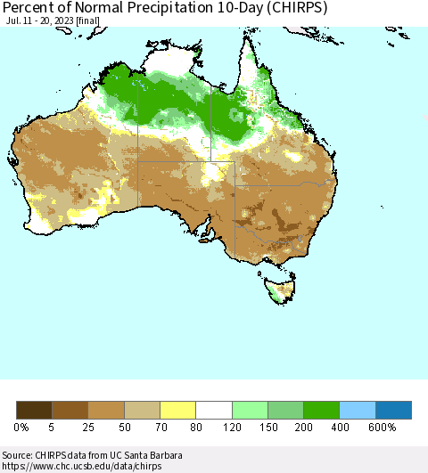 Australia Percent of Normal Precipitation 10-Day (CHIRPS) Thematic Map For 7/11/2023 - 7/20/2023