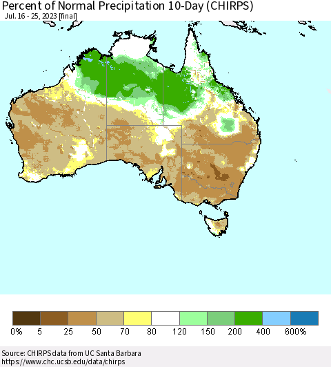 Australia Percent of Normal Precipitation 10-Day (CHIRPS) Thematic Map For 7/16/2023 - 7/25/2023