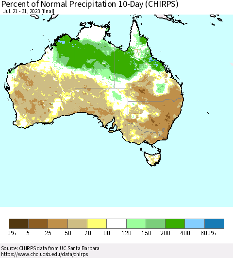 Australia Percent of Normal Precipitation 10-Day (CHIRPS) Thematic Map For 7/21/2023 - 7/31/2023