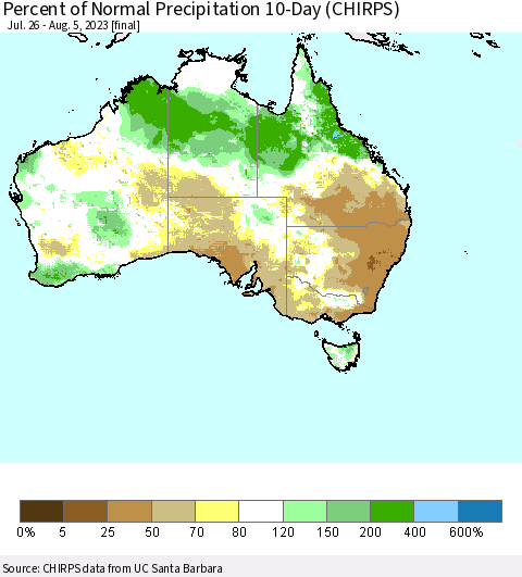 Australia Percent of Normal Precipitation 10-Day (CHIRPS) Thematic Map For 7/26/2023 - 8/5/2023