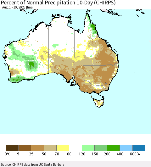 Australia Percent of Normal Precipitation 10-Day (CHIRPS) Thematic Map For 8/1/2023 - 8/10/2023