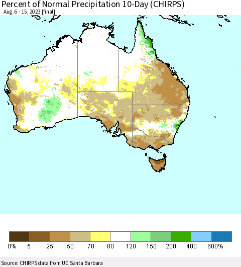 Australia Percent of Normal Precipitation 10-Day (CHIRPS) Thematic Map For 8/6/2023 - 8/15/2023