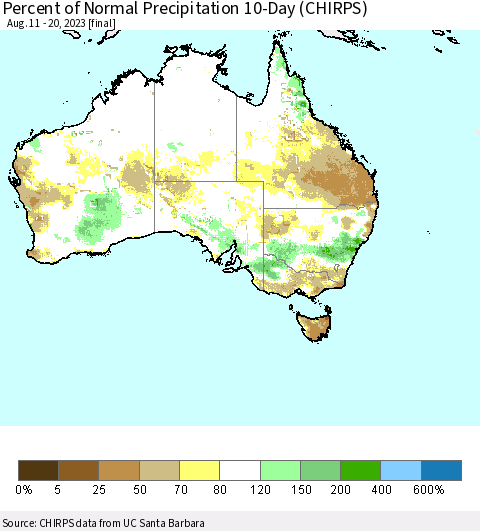 Australia Percent of Normal Precipitation 10-Day (CHIRPS) Thematic Map For 8/11/2023 - 8/20/2023