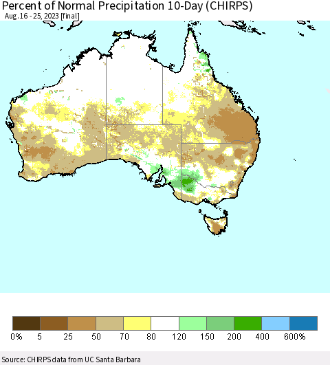 Australia Percent of Normal Precipitation 10-Day (CHIRPS) Thematic Map For 8/16/2023 - 8/25/2023