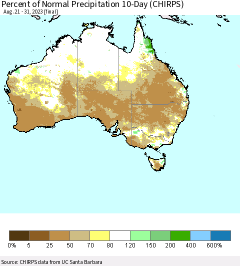 Australia Percent of Normal Precipitation 10-Day (CHIRPS) Thematic Map For 8/21/2023 - 8/31/2023