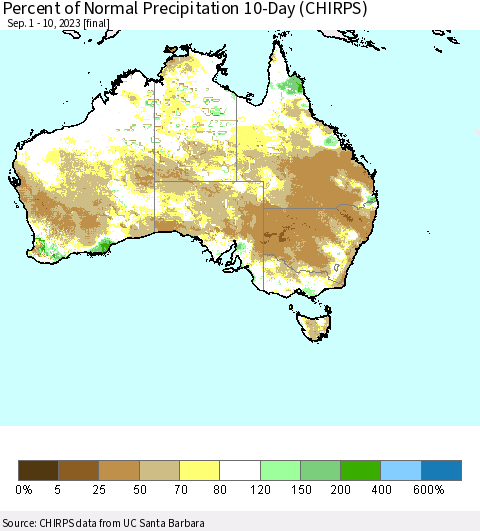 Australia Percent of Normal Precipitation 10-Day (CHIRPS) Thematic Map For 9/1/2023 - 9/10/2023