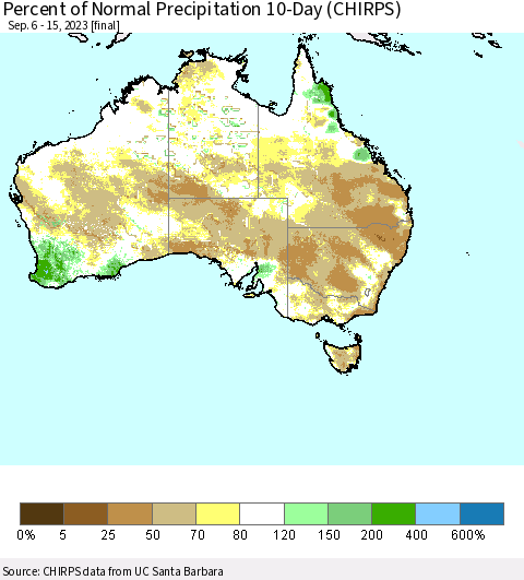 Australia Percent of Normal Precipitation 10-Day (CHIRPS) Thematic Map For 9/6/2023 - 9/15/2023