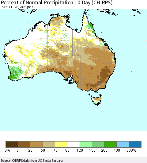 Australia Percent of Normal Precipitation 10-Day (CHIRPS) Thematic Map For 9/11/2023 - 9/20/2023