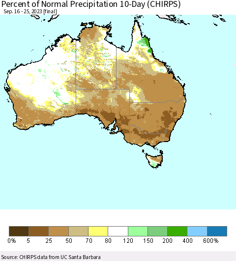 Australia Percent of Normal Precipitation 10-Day (CHIRPS) Thematic Map For 9/16/2023 - 9/25/2023