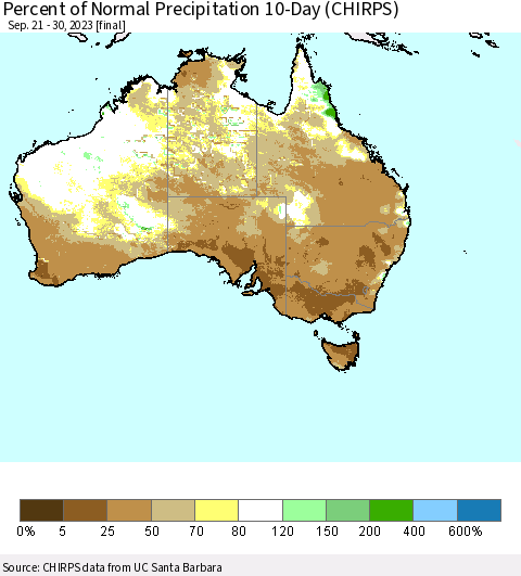 Australia Percent of Normal Precipitation 10-Day (CHIRPS) Thematic Map For 9/21/2023 - 9/30/2023