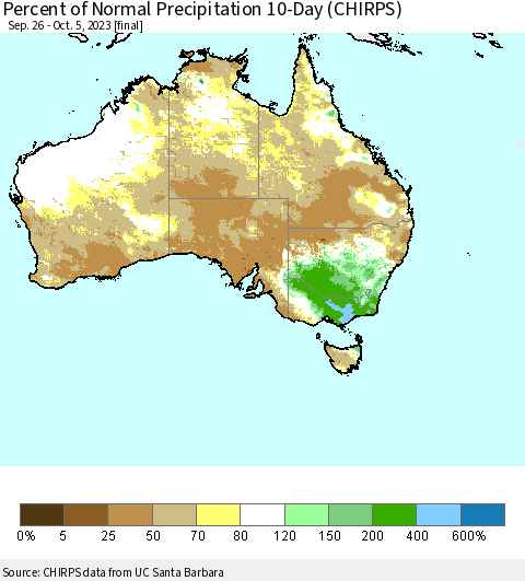 Australia Percent of Normal Precipitation 10-Day (CHIRPS) Thematic Map For 9/26/2023 - 10/5/2023