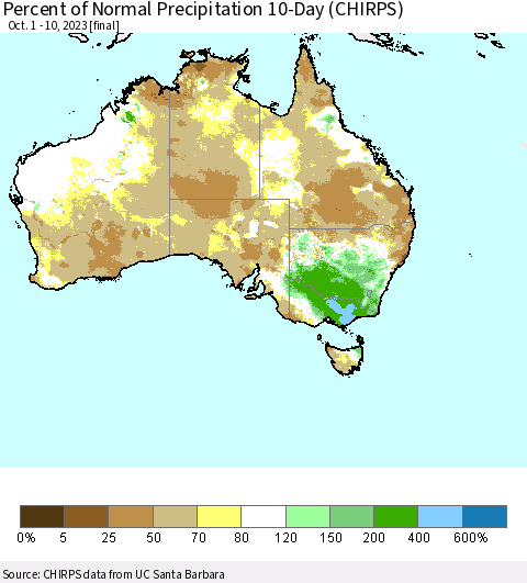 Australia Percent of Normal Precipitation 10-Day (CHIRPS) Thematic Map For 10/1/2023 - 10/10/2023