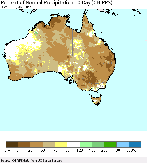 Australia Percent of Normal Precipitation 10-Day (CHIRPS) Thematic Map For 10/6/2023 - 10/15/2023