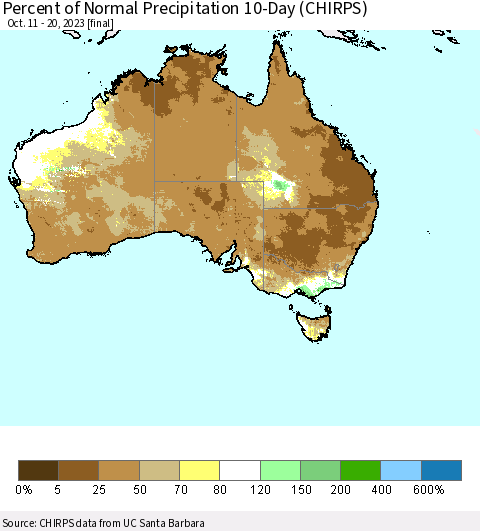 Australia Percent of Normal Precipitation 10-Day (CHIRPS) Thematic Map For 10/11/2023 - 10/20/2023