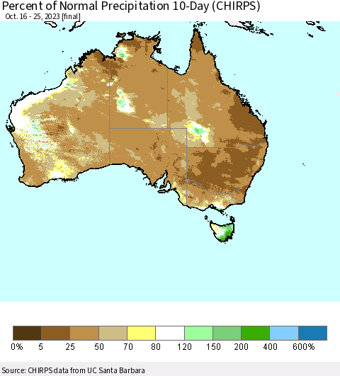 Australia Percent of Normal Precipitation 10-Day (CHIRPS) Thematic Map For 10/16/2023 - 10/25/2023