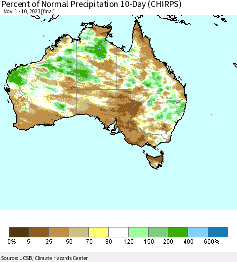 Australia Percent of Normal Precipitation 10-Day (CHIRPS) Thematic Map For 11/1/2023 - 11/10/2023