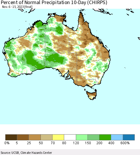 Australia Percent of Normal Precipitation 10-Day (CHIRPS) Thematic Map For 11/6/2023 - 11/15/2023