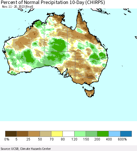 Australia Percent of Normal Precipitation 10-Day (CHIRPS) Thematic Map For 11/11/2023 - 11/20/2023