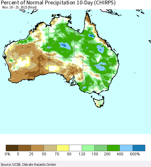 Australia Percent of Normal Precipitation 10-Day (CHIRPS) Thematic Map For 11/16/2023 - 11/25/2023