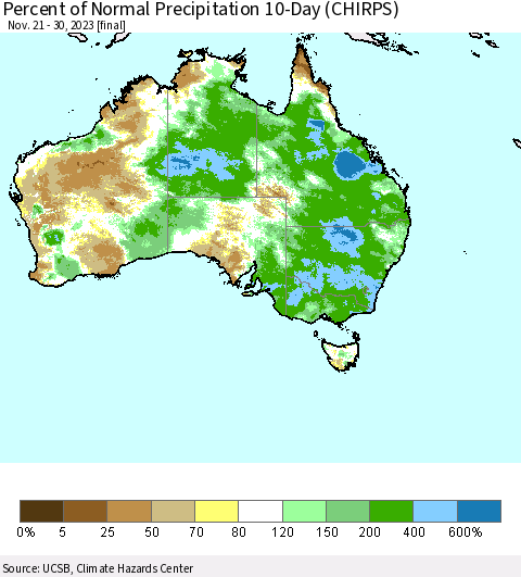 Australia Percent of Normal Precipitation 10-Day (CHIRPS) Thematic Map For 11/21/2023 - 11/30/2023