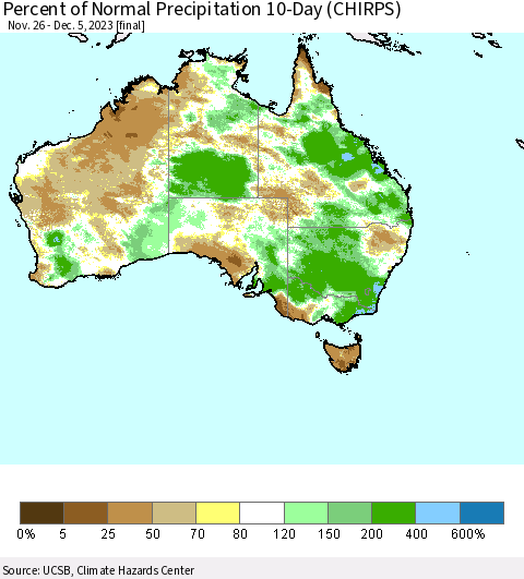 Australia Percent of Normal Precipitation 10-Day (CHIRPS) Thematic Map For 11/26/2023 - 12/5/2023
