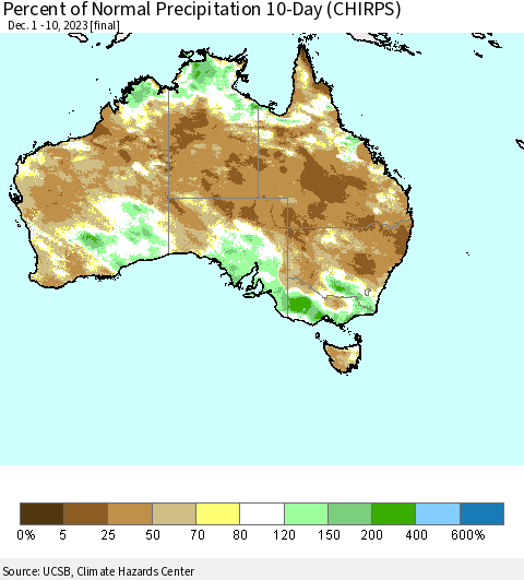 Australia Percent of Normal Precipitation 10-Day (CHIRPS) Thematic Map For 12/1/2023 - 12/10/2023
