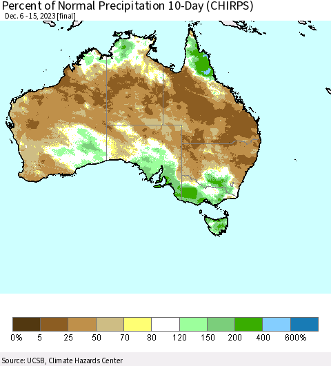 Australia Percent of Normal Precipitation 10-Day (CHIRPS) Thematic Map For 12/6/2023 - 12/15/2023