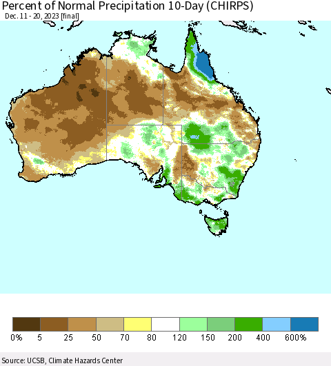 Australia Percent of Normal Precipitation 10-Day (CHIRPS) Thematic Map For 12/11/2023 - 12/20/2023
