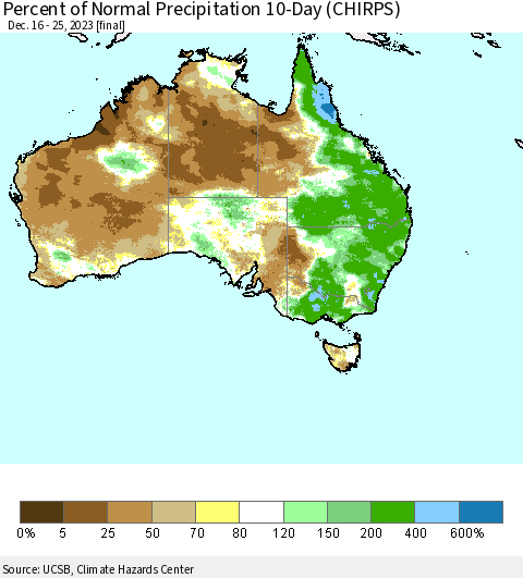Australia Percent of Normal Precipitation 10-Day (CHIRPS) Thematic Map For 12/16/2023 - 12/25/2023