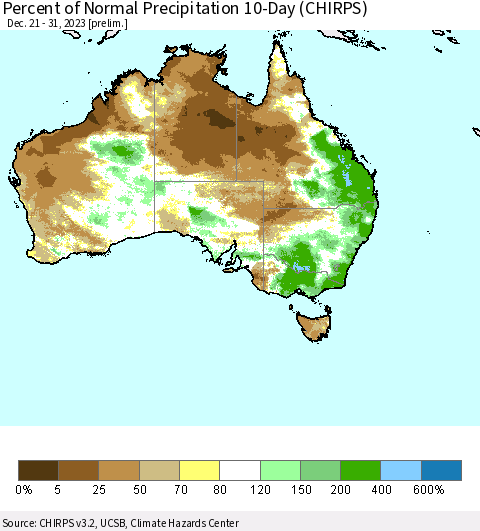 Australia Percent of Normal Precipitation 10-Day (CHIRPS) Thematic Map For 12/21/2023 - 12/31/2023