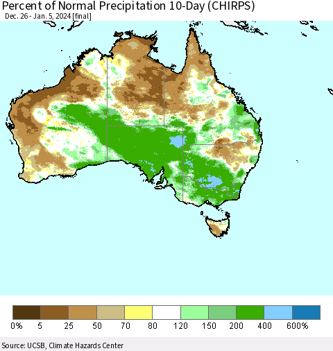 Australia Percent of Normal Precipitation 10-Day (CHIRPS) Thematic Map For 12/26/2023 - 1/5/2024