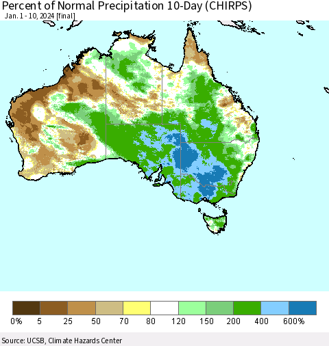 Australia Percent of Normal Precipitation 10-Day (CHIRPS) Thematic Map For 1/1/2024 - 1/10/2024