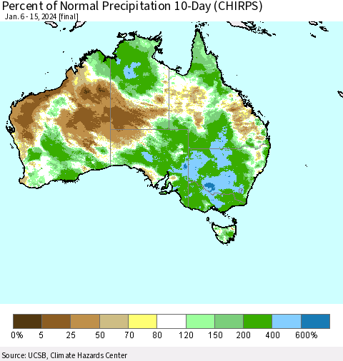 Australia Percent of Normal Precipitation 10-Day (CHIRPS) Thematic Map For 1/6/2024 - 1/15/2024