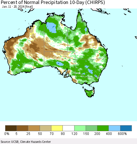 Australia Percent of Normal Precipitation 10-Day (CHIRPS) Thematic Map For 1/11/2024 - 1/20/2024