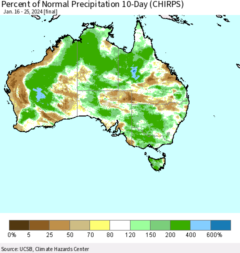 Australia Percent of Normal Precipitation 10-Day (CHIRPS) Thematic Map For 1/16/2024 - 1/25/2024