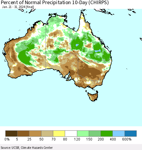 Australia Percent of Normal Precipitation 10-Day (CHIRPS) Thematic Map For 1/21/2024 - 1/31/2024