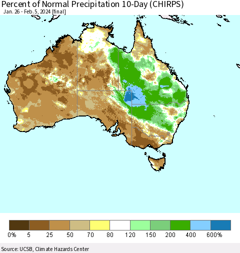 Australia Percent of Normal Precipitation 10-Day (CHIRPS) Thematic Map For 1/26/2024 - 2/5/2024