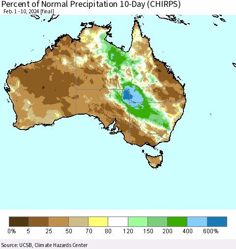 Australia Percent of Normal Precipitation 10-Day (CHIRPS) Thematic Map For 2/1/2024 - 2/10/2024