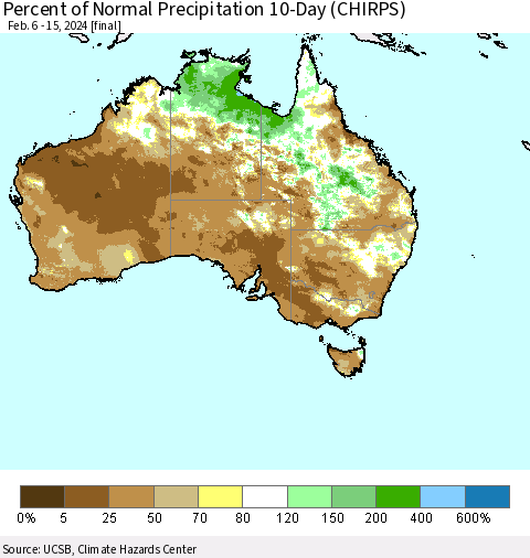 Australia Percent of Normal Precipitation 10-Day (CHIRPS) Thematic Map For 2/6/2024 - 2/15/2024